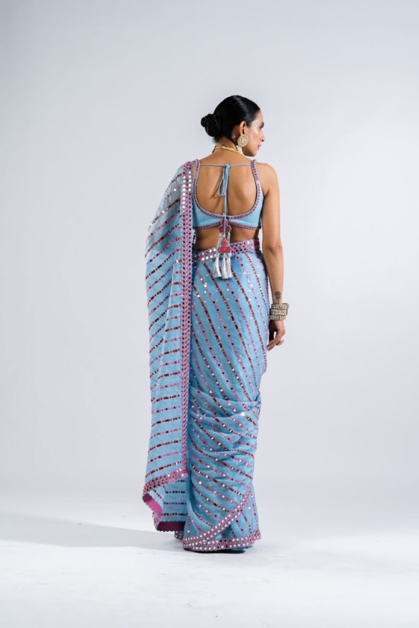 V Vani Vats Ice Blue Heavy  Mirror Work Saree Set Indian designer wear online shopping melange singapore