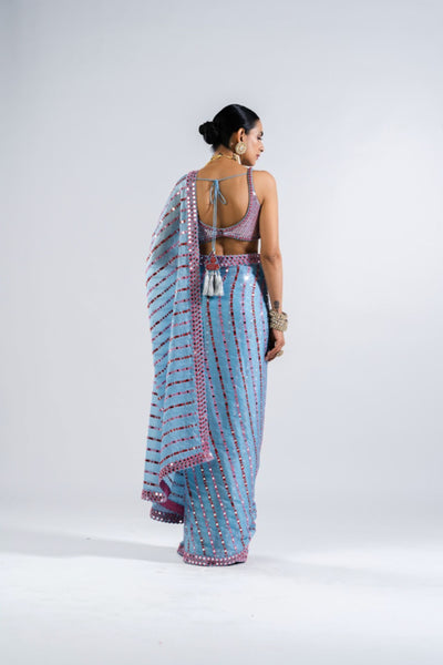 V Vani Vats Ice Blue Heavy Mirror Work Saree With Metallic Blouse Indian designer wear online shopping melange singapore