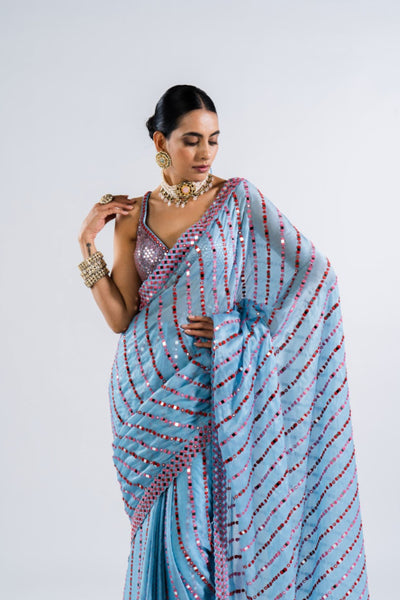 V Vani Vats Ice Blue Heavy Mirror Work Saree With Metallic Blouse Indian designer wear online shopping melange singapore