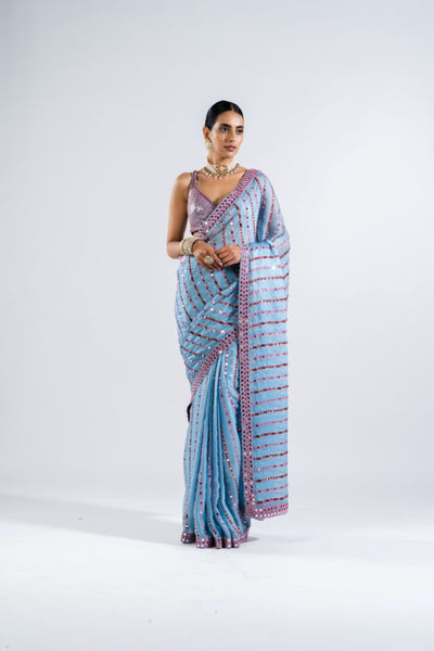 V Vani Vats Ice Blue Heavy Mirror Work Saree With Metallic Blouse Indian designer wear online shopping melange singapore