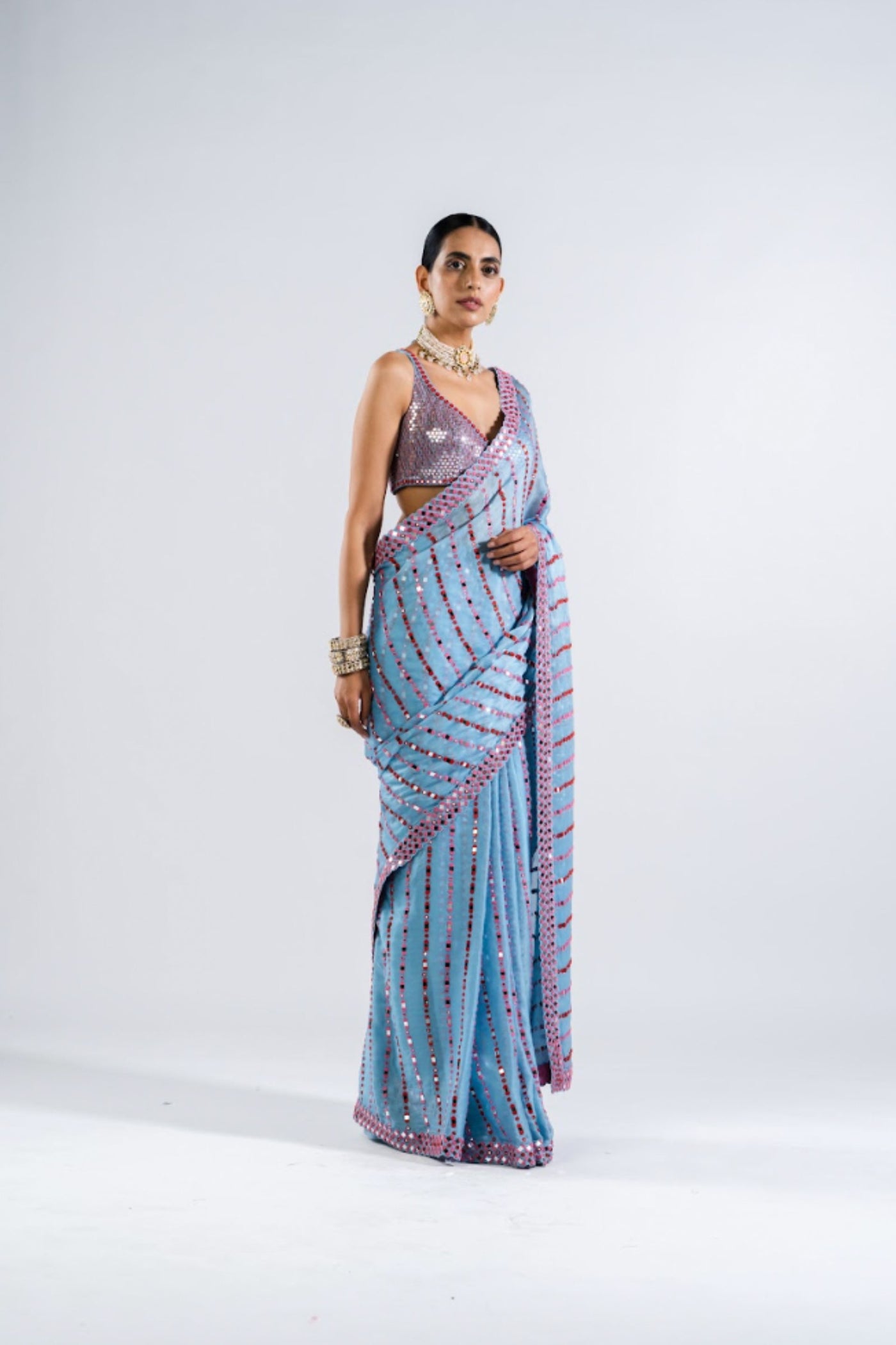 V Vani Vats Ice Blue Heavy Mirror Work Saree With Metallic Blouse Indian designer wear online shopping melange singapore