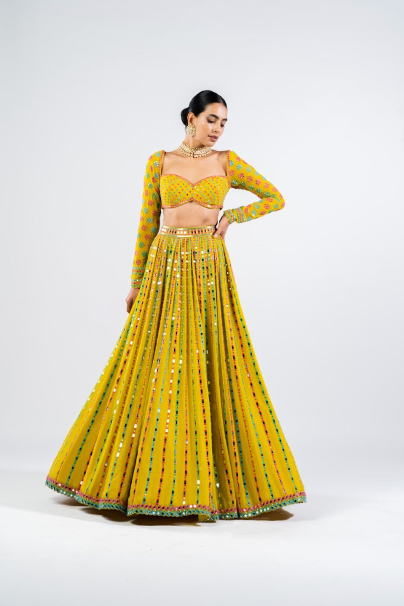 V Vani Vats Moss Green Linear Drop Lehenga Set Indian designer wear online shopping melange singapore