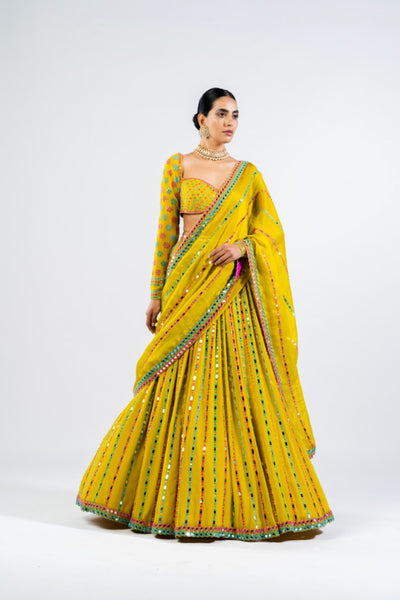 V Vani Vats Moss Green Linear Drop Lehenga Set Indian designer wear online shopping melange singapore