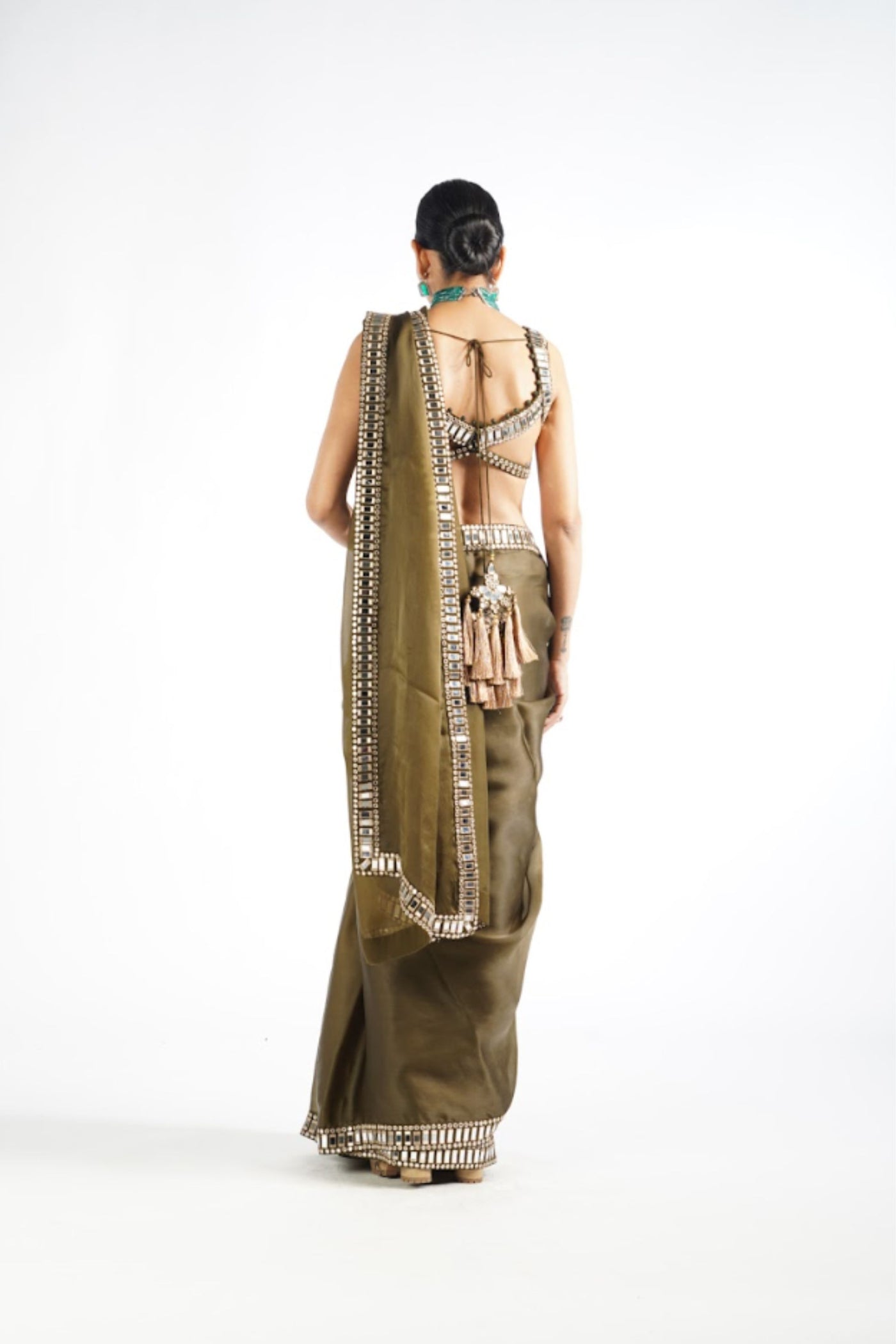 V Vani Vats Olive Green Mirror Work Saree Set Indian designer wear online shopping melange singapore