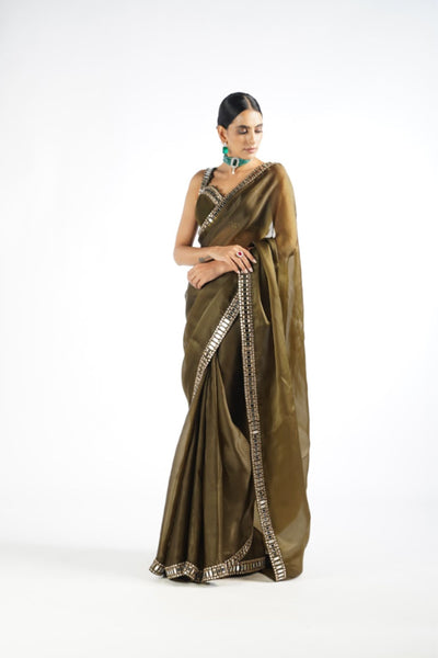 V Vani Vats Olive Green Mirror Work Saree Set Indian designer wear online shopping melange singapore