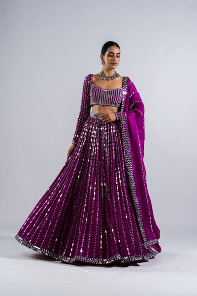 V Vani Vats Pop Wine Linear Drop Lehenga Set Indian designer wear online shopping melange singapore