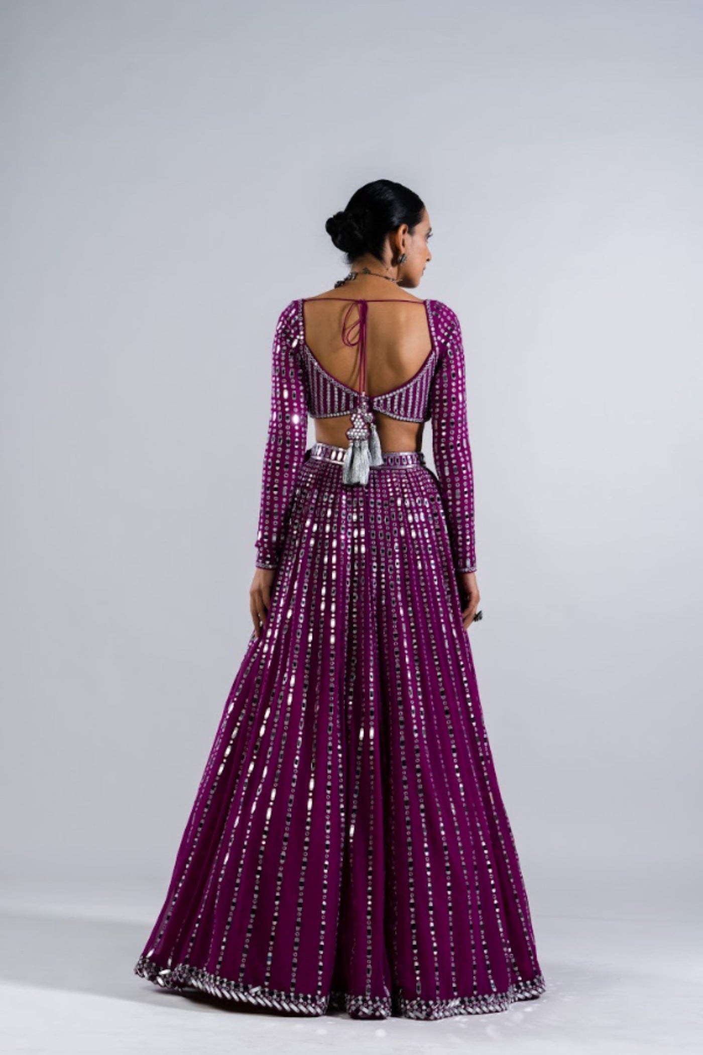 V Vani Vats Pop Wine Linear Drop Lehenga Set Indian designer wear online shopping melange singapore