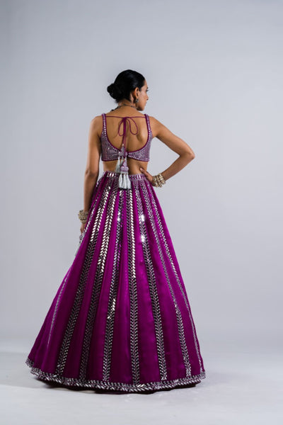 V Vani Vats Pop Wine Linear Drop Lehenga With Metallic Blouse Indian designer wear online shopping melange singapore