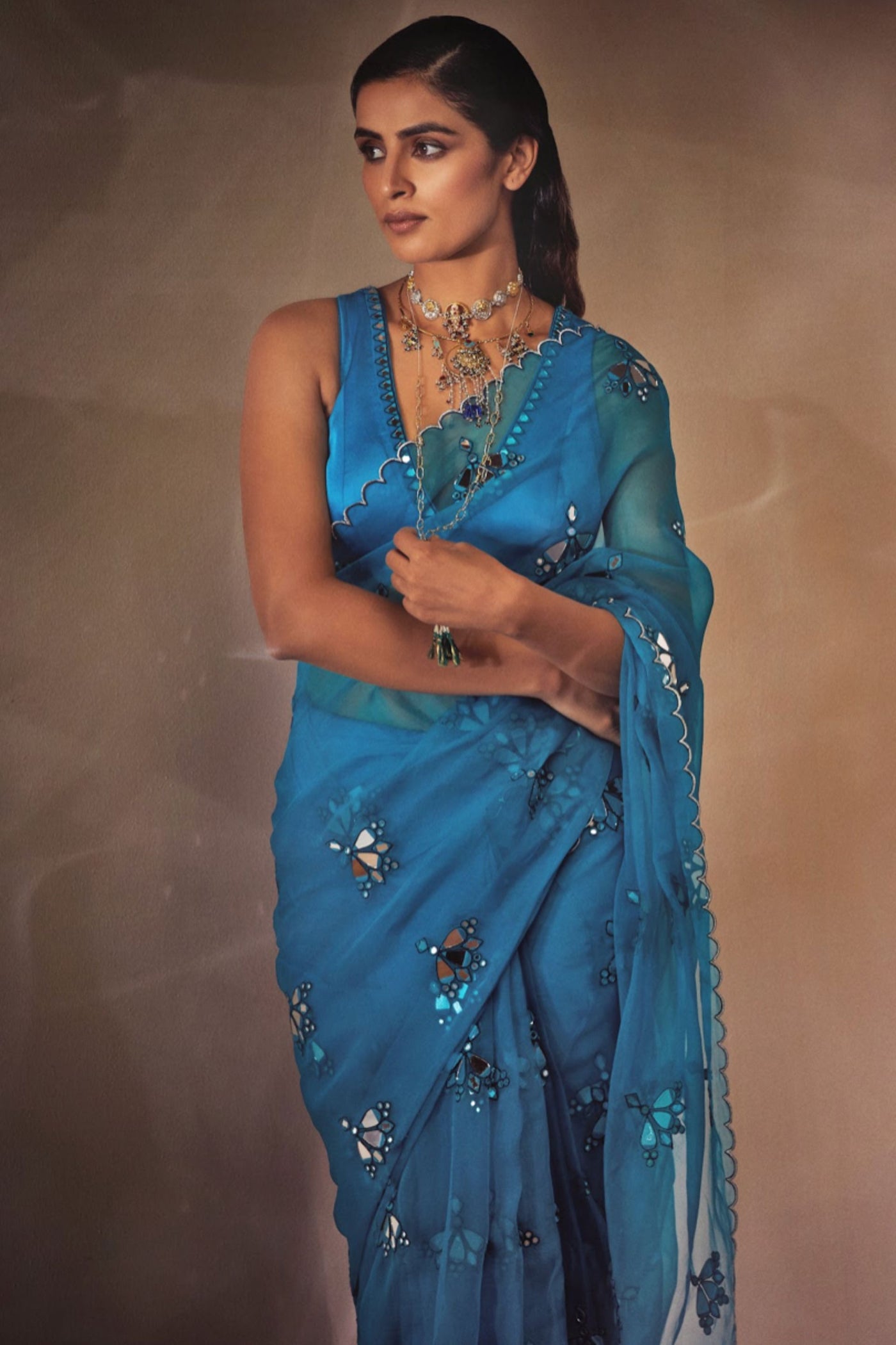 V Vani Vats Turquoise Blue Mirror Cut Work Saree Set Indian designer wear online shopping melange singapore