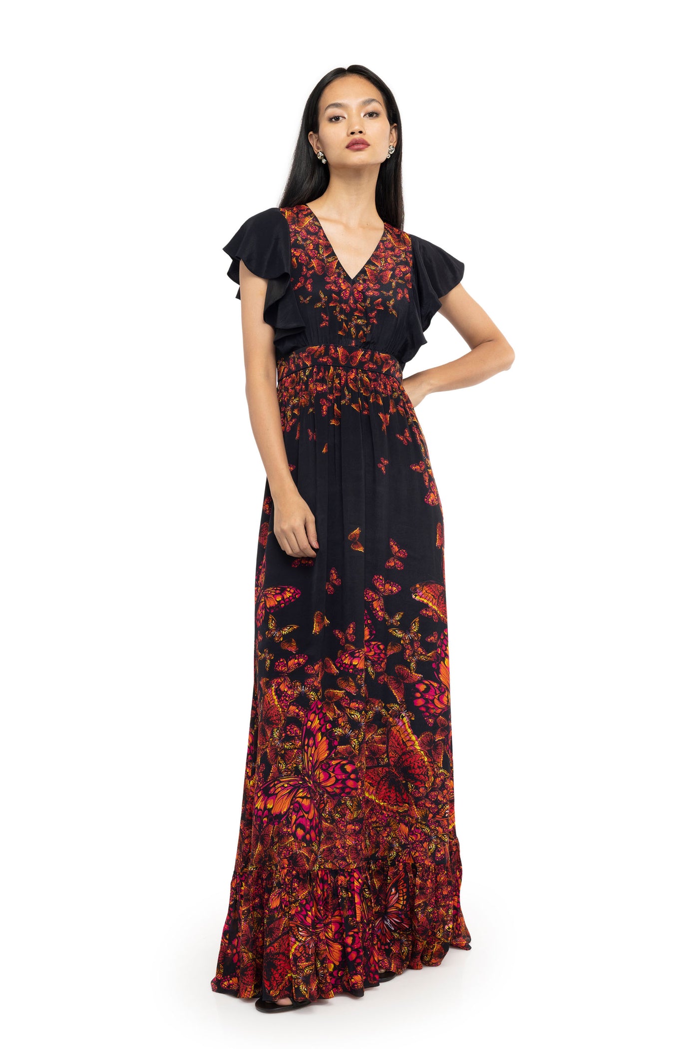 World Of Gaya Flutter Sleeves V-neck Printed Maxi Dress