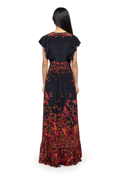 World Of Gaya Flutter Sleeves V-neck Printed Maxi Dress