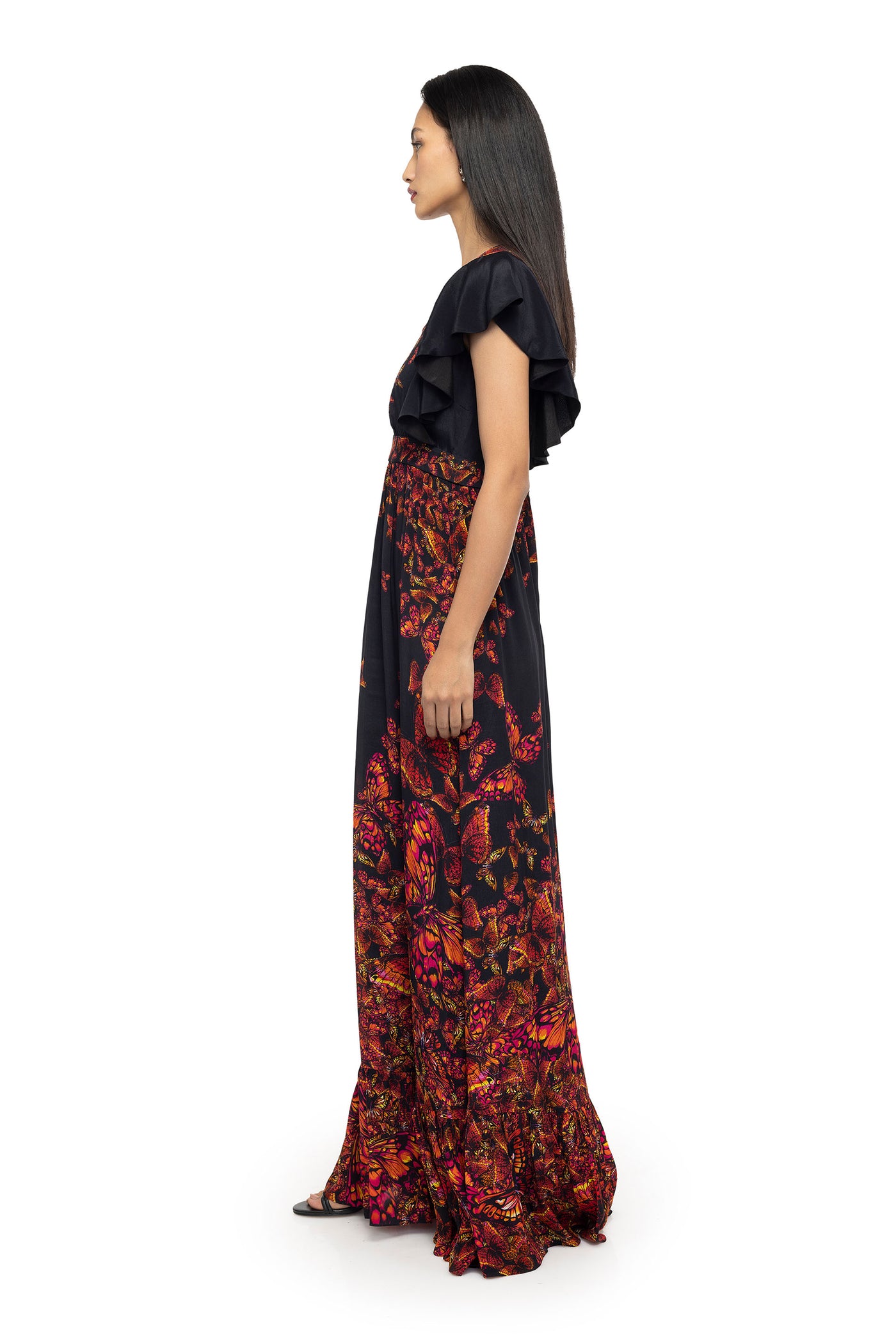 World Of Gaya Flutter Sleeves V-neck Printed Maxi Dress