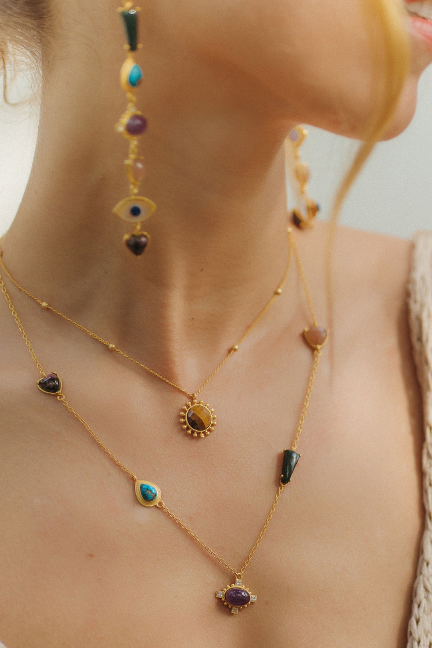 Zariin 22Kt Gold Plated Multi Stone Healing  Layered Pendants Necklace festive indian designer fashion jewellery online shopping melange singapore