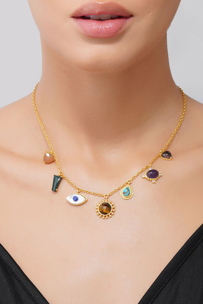 22Kt Gold Plated Multi Stone Healing  Pendants Necklace