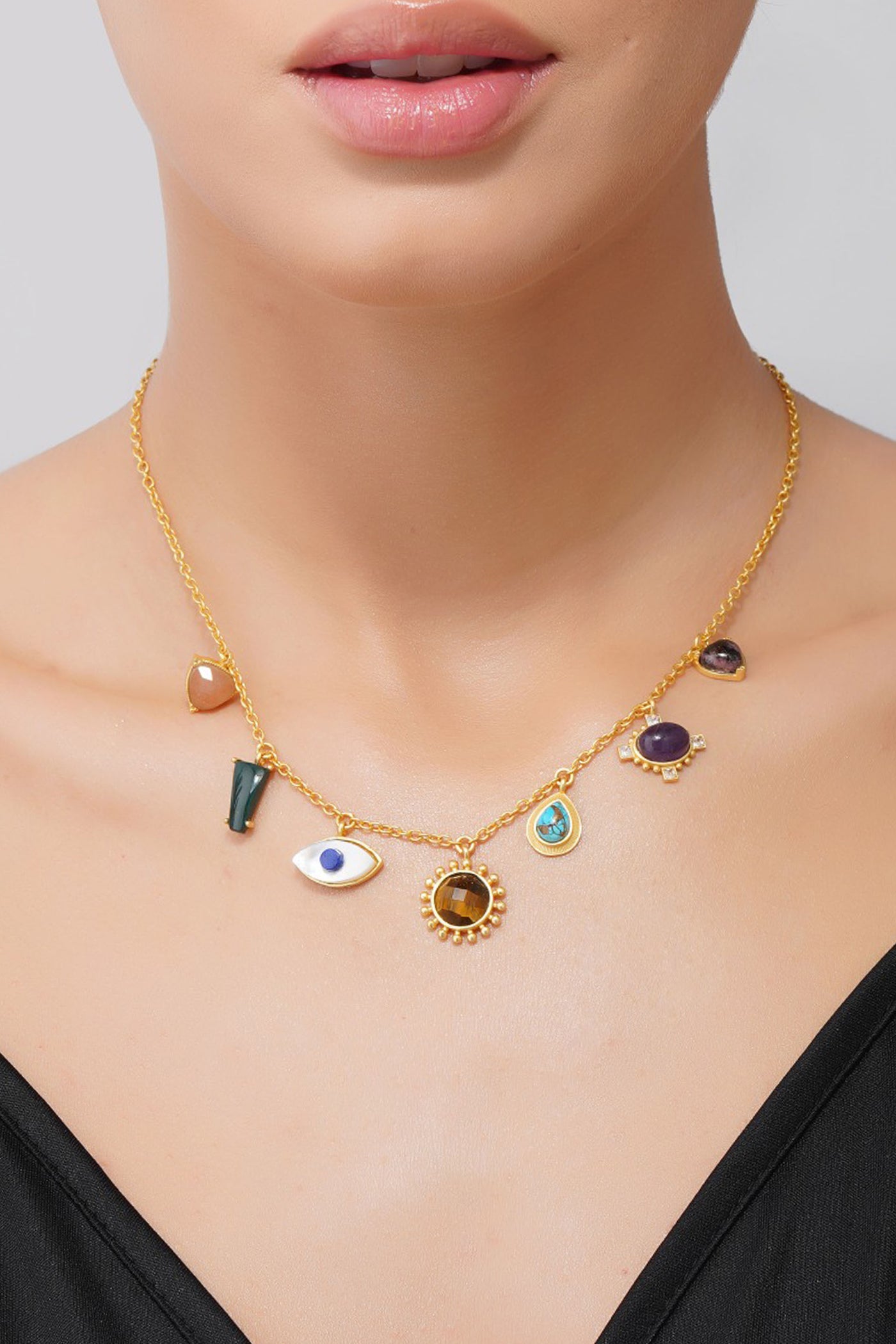 Zariin 22Kt Gold Plated Multi Stone Healing Pendants Necklace festive indian designer fashion jewellery online shopping melange singapore