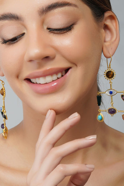 Zariin 22Kt Gold Plated Multi Stone Healing Statement Earrings festive indian designer fashion jewellery online shopping melange singapore