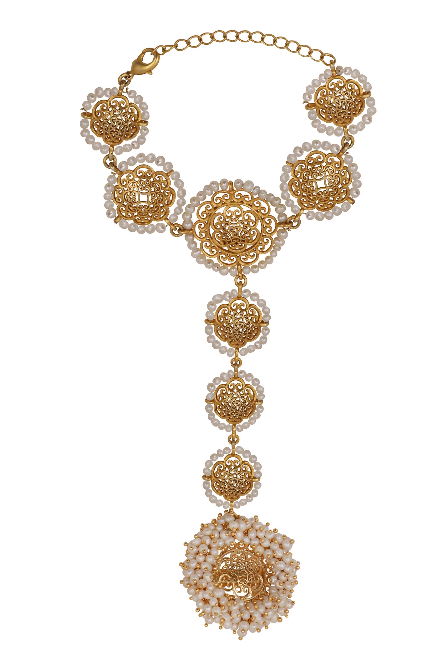 Zariin 22kt 22Kt Gold Plated Handcrafted white Fresh Water Pearls with filigree work Wedding Special Haath Phool festive indian designer fashion jewellery online shopping melange singapore