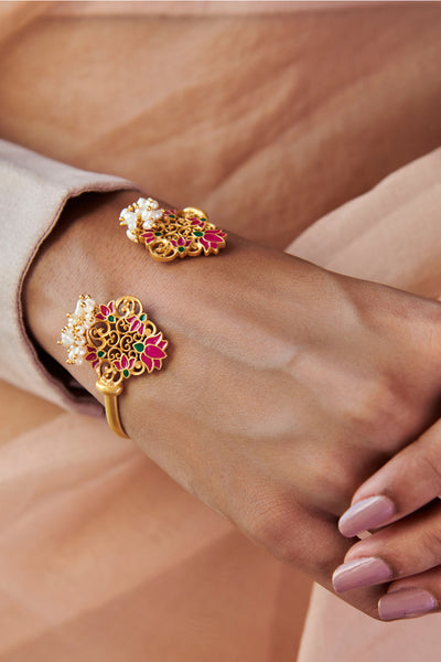 Zariin 22kt Gold Dipped In Pink Enamel Glory Lotus Cuff Bracelet festive indian designer fashion jewellery online shopping melange singapore