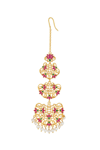 Zariin 22kt Gold Dipped In Pink Enamel Goddess Lotus Maang Teeka festive indian designer fashion jewellery online shopping melange singapore