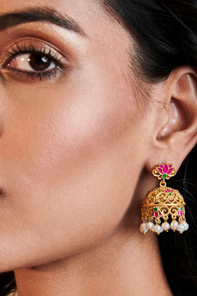 Zariin 22kt Gold Dipped In Pink Enamel Gul Lotus Jhumkas festive indian designer fashion jewellery online shopping melange singapore