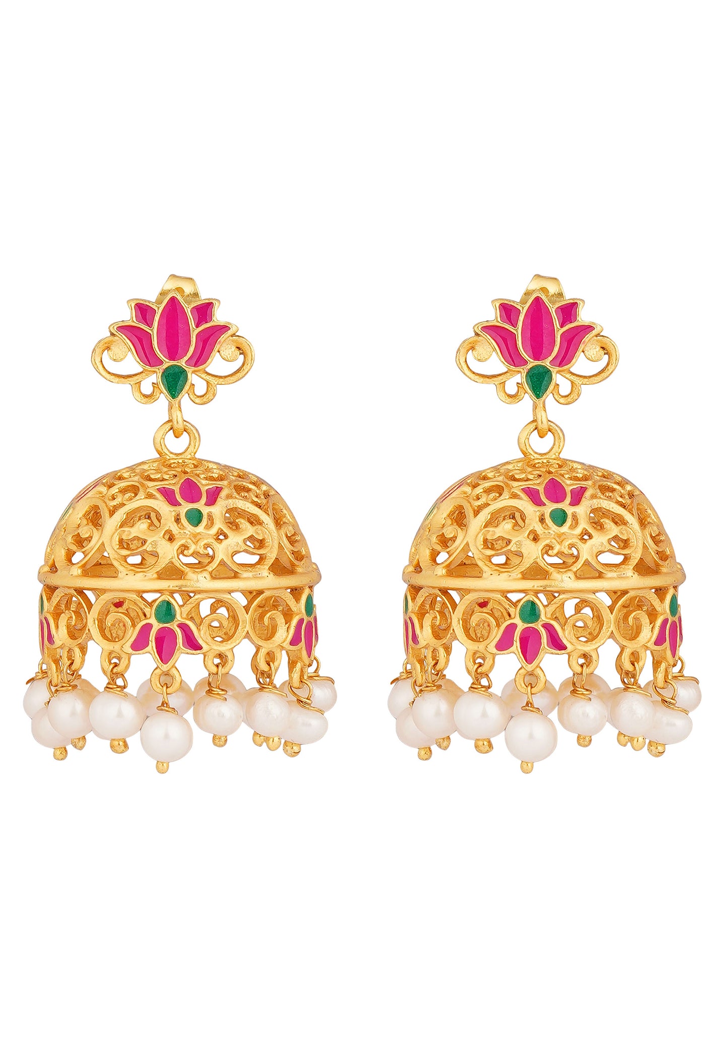 Zariin 22kt Gold Dipped In Pink Enamel Gul Lotus Jhumkas festive indian designer fashion jewellery online shopping melange singapore