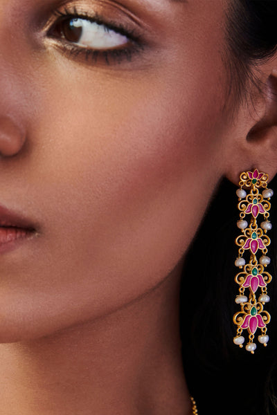Zariin 22kt Gold Dipped In Pink Enamel Lotus Garden Drop Earrings festive indian designer fashion jewellery online shopping melange singapore