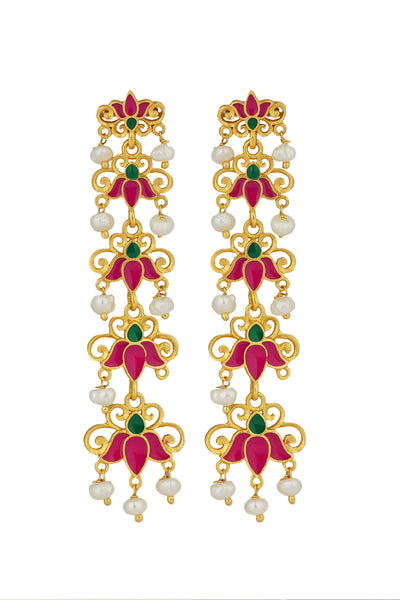 Zariin 22kt Gold Dipped In Pink Enamel Lotus Garden Drop Earrings festive indian designer fashion jewellery online shopping melange singapore