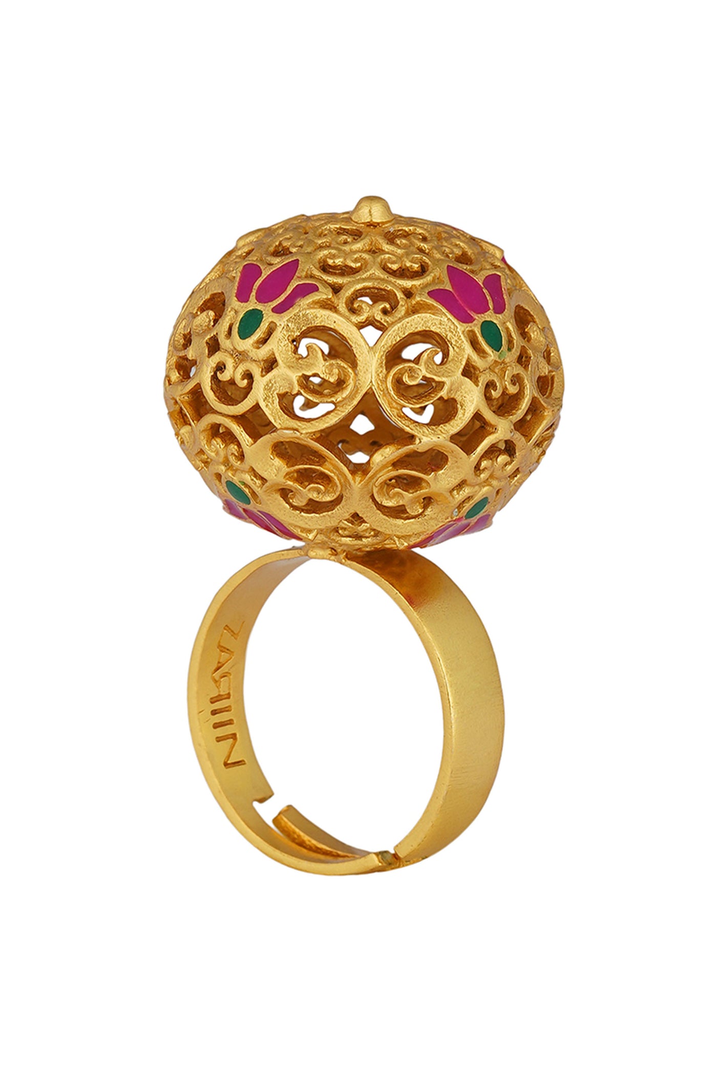 Zariin 22kt Gold Dipped In Pink Enamel Lotus Globe Statement Ring festive indian designer fashion jewellery online shopping melange singapore