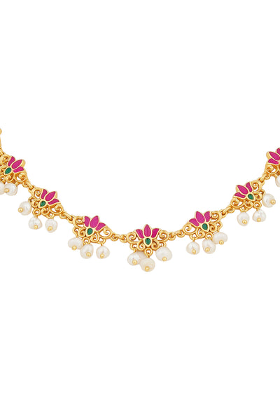 Zariin 22kt Gold Dipped In Pink Enamel Lotus Silk Delicate Collar Necklace festive indian designer fashion jewellery online shopping melange singapore