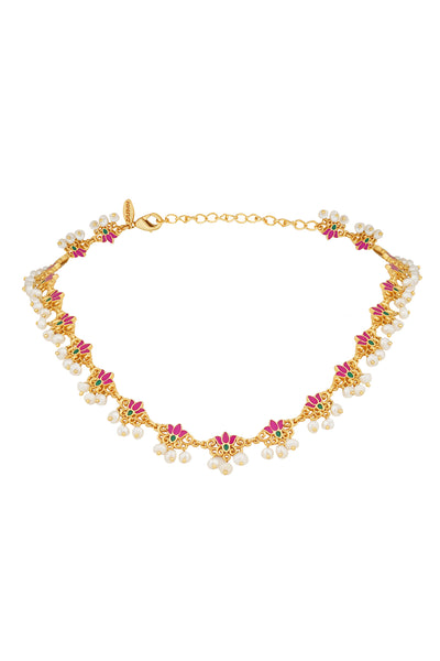 Zariin 22kt Gold Dipped In Pink Enamel Lotus Silk Delicate Collar Necklace festive indian designer fashion jewellery online shopping melange singapore