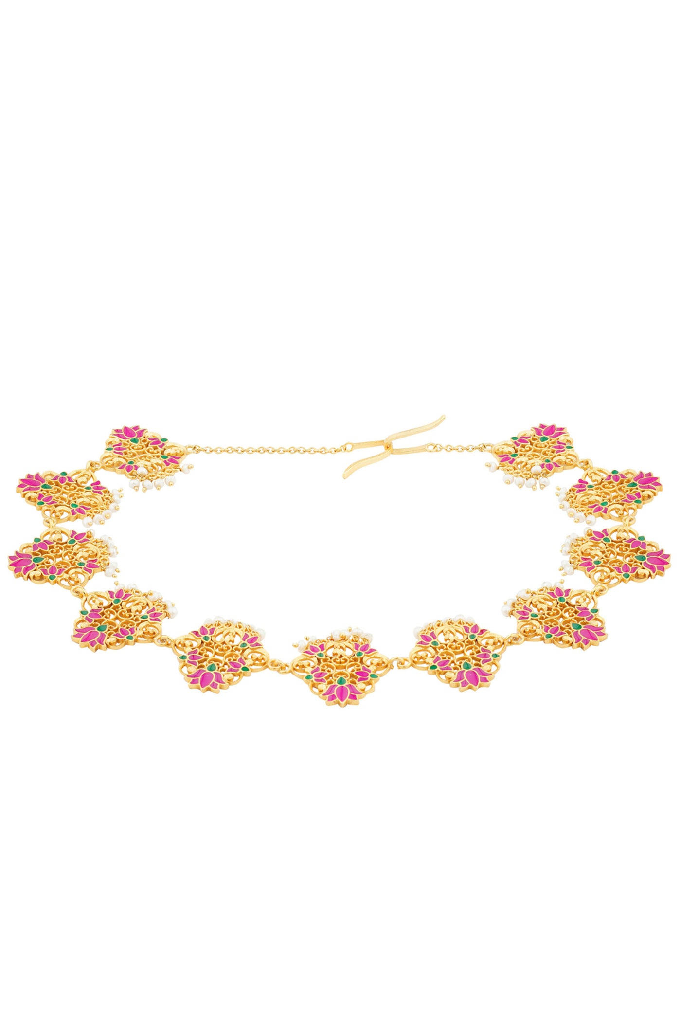 Zariin 22kt Gold Dipped In Pink Enamel Poet's Delight Lotus Maatha Patti festive indian designer fashion jewellery online shopping melange singapore