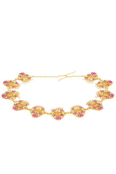 Zariin 22kt Gold Dipped In Pink Enamel Poet's Delight Lotus Maatha Patti festive indian designer fashion jewellery online shopping melange singapore