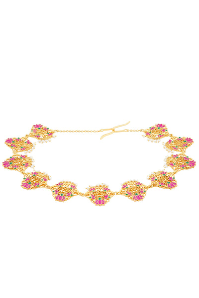Zariin 22kt Gold Dipped In Pink Enamel Poet's Delight Lotus Maatha Patti festive indian designer fashion jewellery online shopping melange singapore