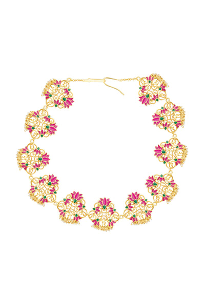 Zariin 22kt Gold Dipped In Pink Enamel Poet's Delight Lotus Maatha Patti festive indian designer fashion jewellery online shopping melange singapore