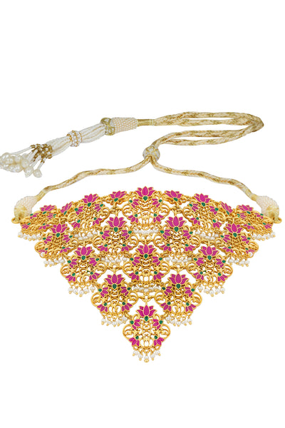 Zariin 22kt Gold Dipped In Pink Enamel Rani Lotus Choker Necklace festive indian designer fashion jewellery online shopping melange singapore