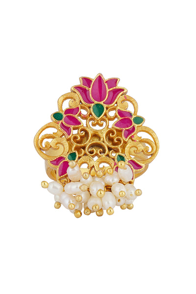 Zariin 22kt Gold Dipped In Pink Enamel Song Of Water Lotus Ring festive indian designer fashion jewellery online shopping melange singapore