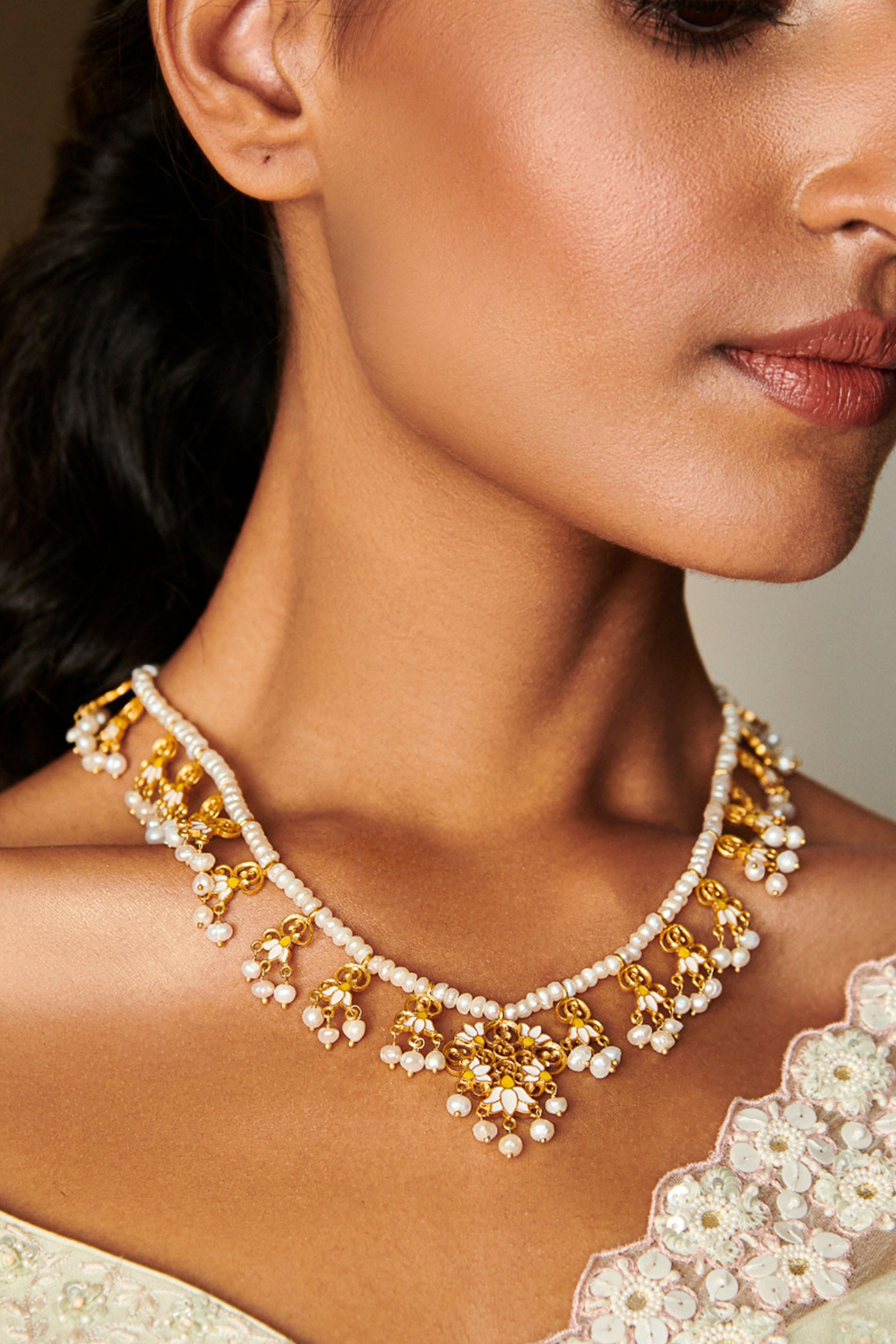 Zariin 22kt Gold Dipped In White Enamel Lotus Drops Pearl Necklace festive indian designer fashion jewellery online shopping melange singapore