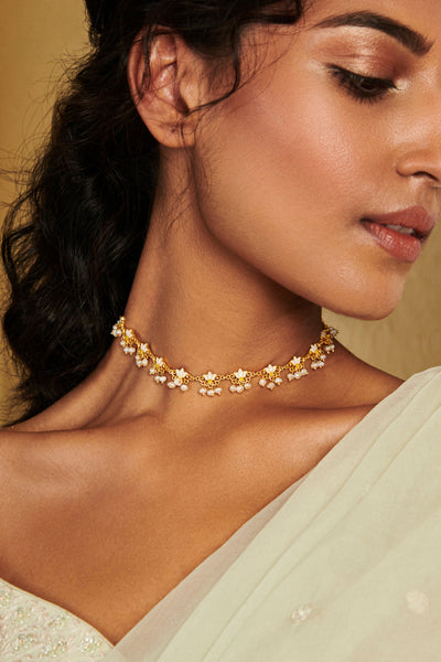 Zariin 22kt Gold Dipped In White Enamel Lotus Silk Delicate Collar Necklacee festive indian designer fashion jewellery online shopping melange singapore