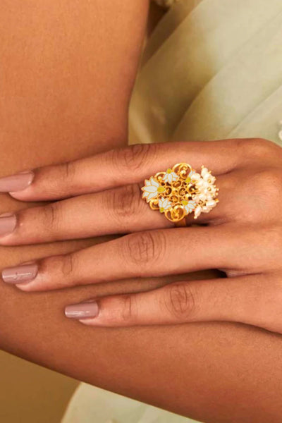 Zariin 22kt Gold Dipped In White Enamel Song Of Water Lotus Ring festive indian designer fashion jewellery online shopping melange singapore