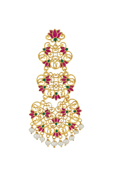 Zariin 22kt Gold Dipped in Pink Enamel Goddess Lotus Statement Earrings festive indian designer fashion jewellery online shopping melange singapore