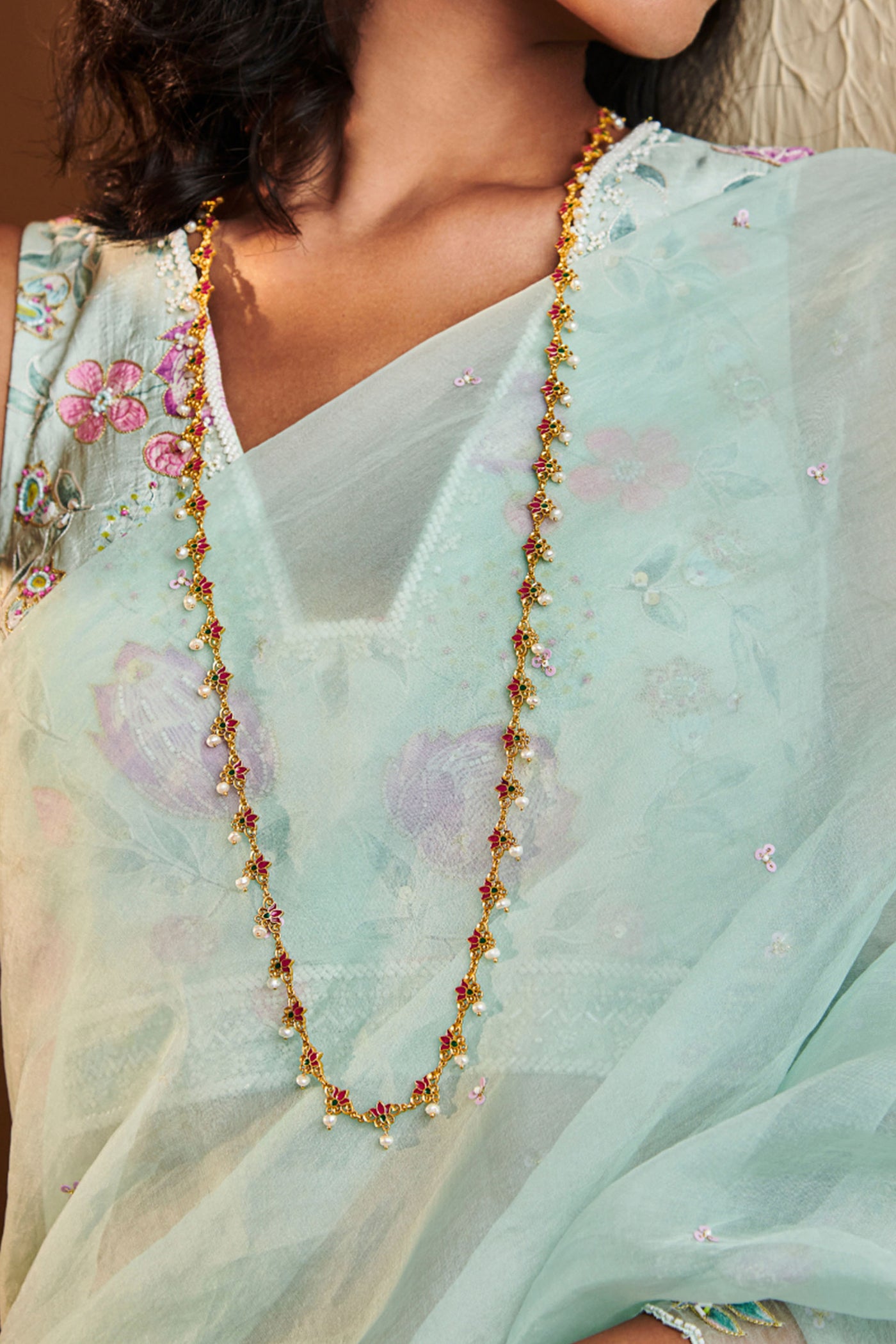 Zariin 22kt Gold Dipped in Pink Enamel Threads of Lotus Long Necklace festive indian designer fashion jewellery online shopping melange singapore