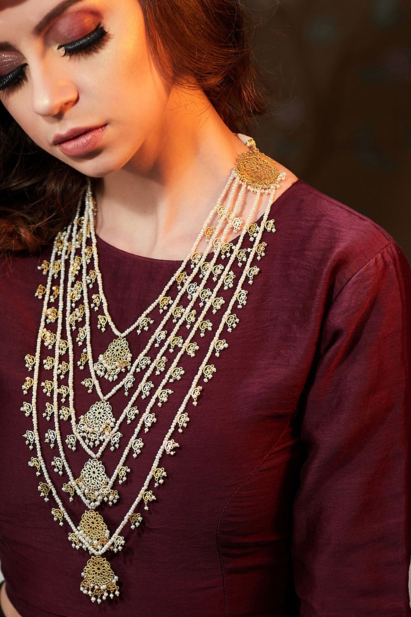 Zariin 22kt Gold Plated Handcrafted Layerred With Filigree Work Drop Of Fresh Water Pearls Necklace festive indian designer fashion jewellery online shopping melange singapore