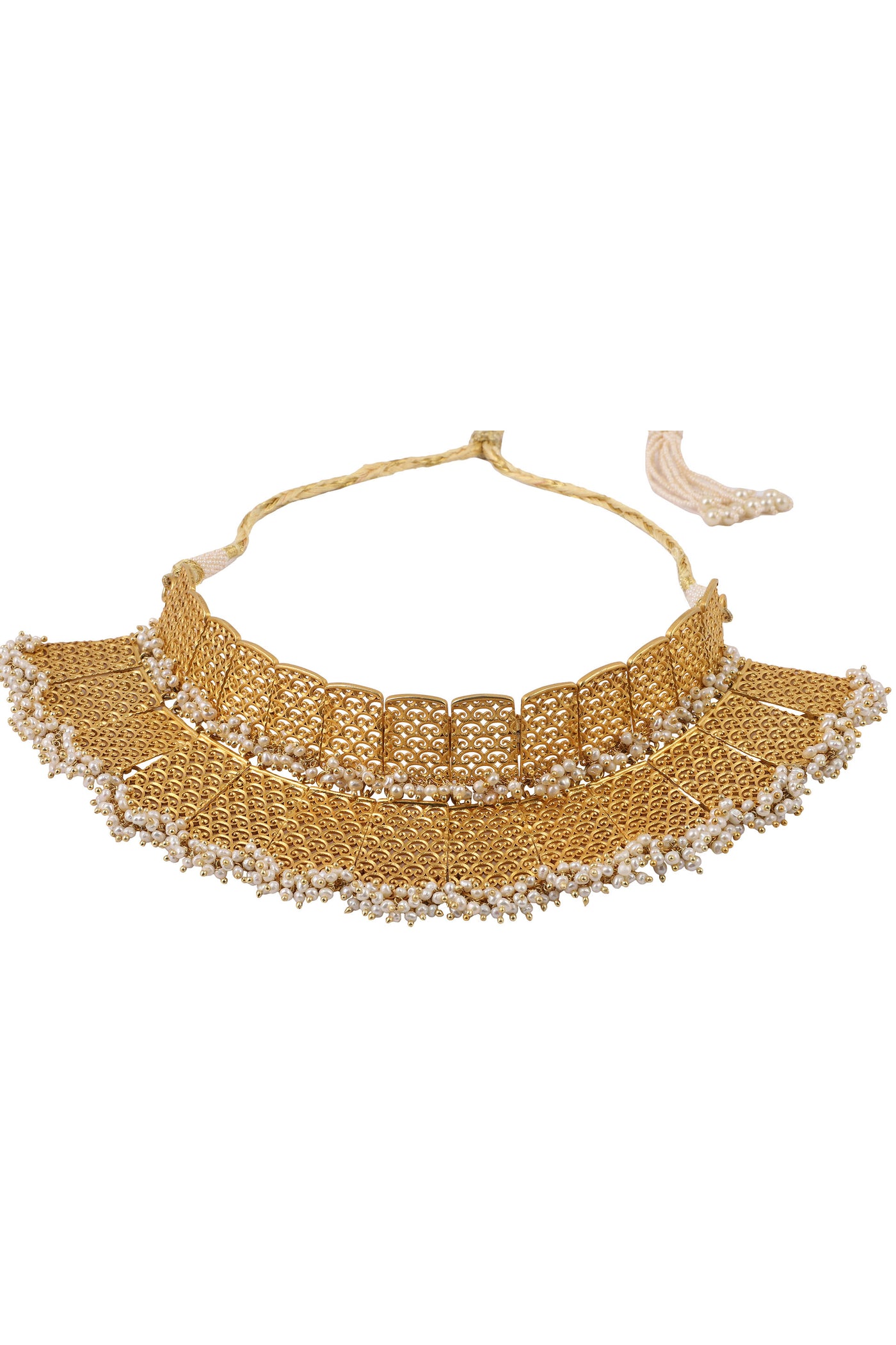 Zariin 22kt Gold Plated Handcrafted White Fresh Water Pearls With Filigree Work Choker Necklace festive indian designer fashion jewellery online shopping melange singapore