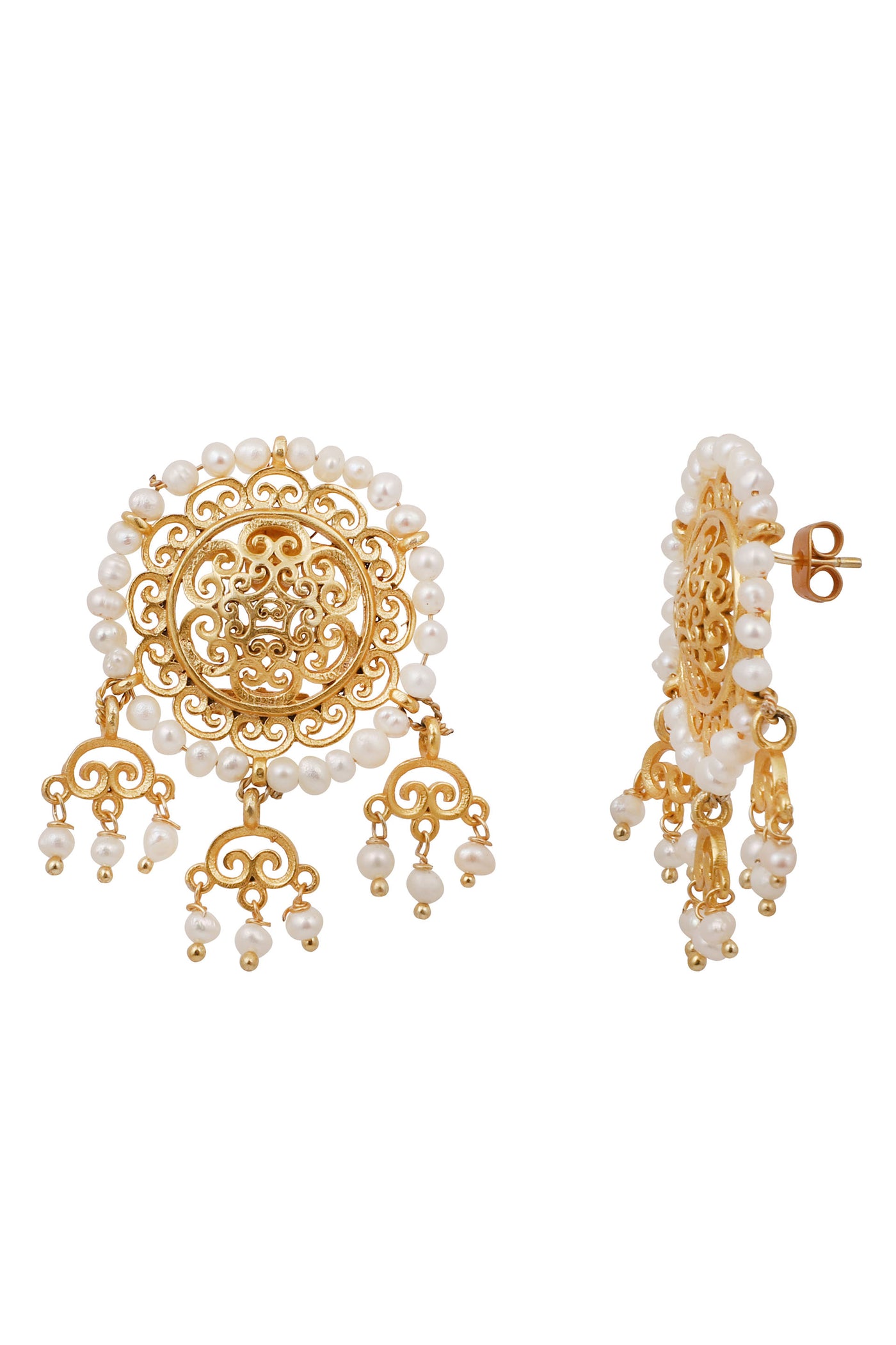 Zariin 22kt Gold Plated Handcrafted White Fresh Water Pearls  With Filigree Work Pair Of Drop Earrings  festive indian designer fashion jewellery online shopping melange singapore