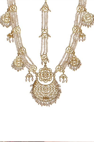 Zariin 22kt Gold Plated Handcrafted White Fresh Water Pearls With Filigree Work Traditional Maatha Patti festive indian designer fashion jewellery online shopping melange singapore