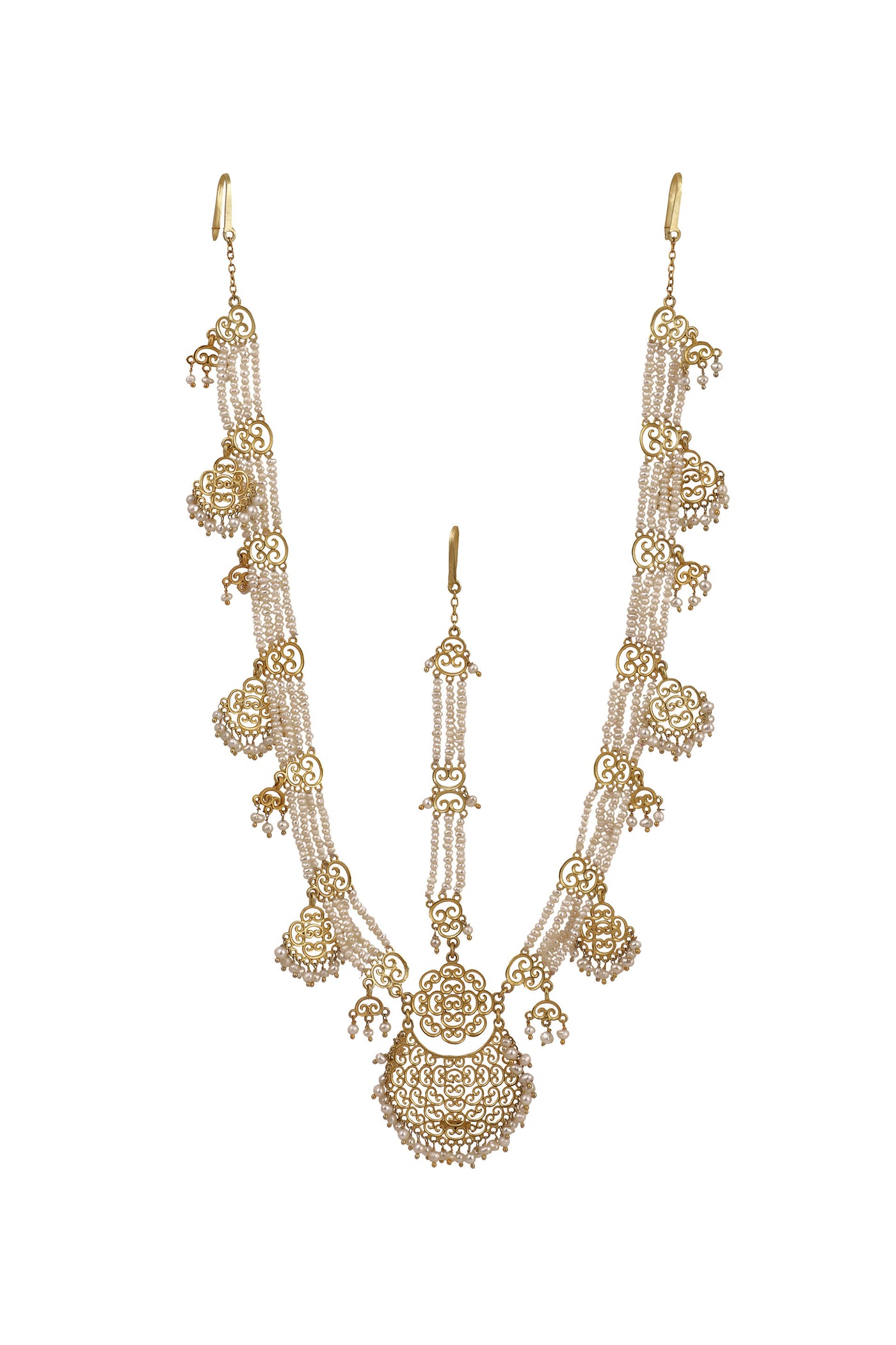 Zariin 22kt Gold Plated Handcrafted White Fresh Water Pearls With Filigree Work Traditional Maatha Patti festive indian designer fashion jewellery online shopping melange singapore