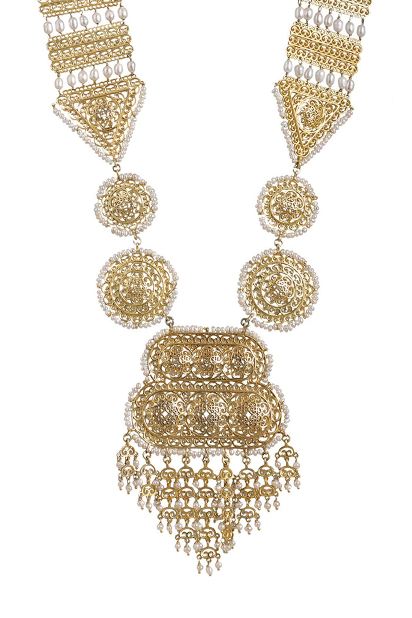 Zariin 22kt Gold Plated Handcrafted White Fresh Water Pearls With Filigree Work Traditional Raani Haar Necklace festive indian designer fashion jewellery online shopping melange singapore