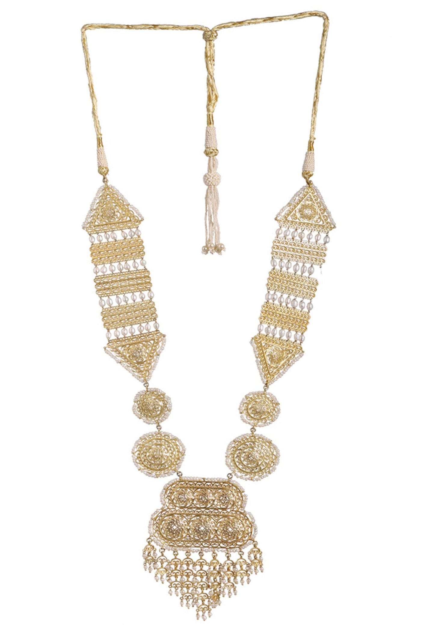 Zariin 22kt Gold Plated Handcrafted White Fresh Water Pearls With Filigree Work Traditional Raani Haar Necklace festive indian designer fashion jewellery online shopping melange singapore