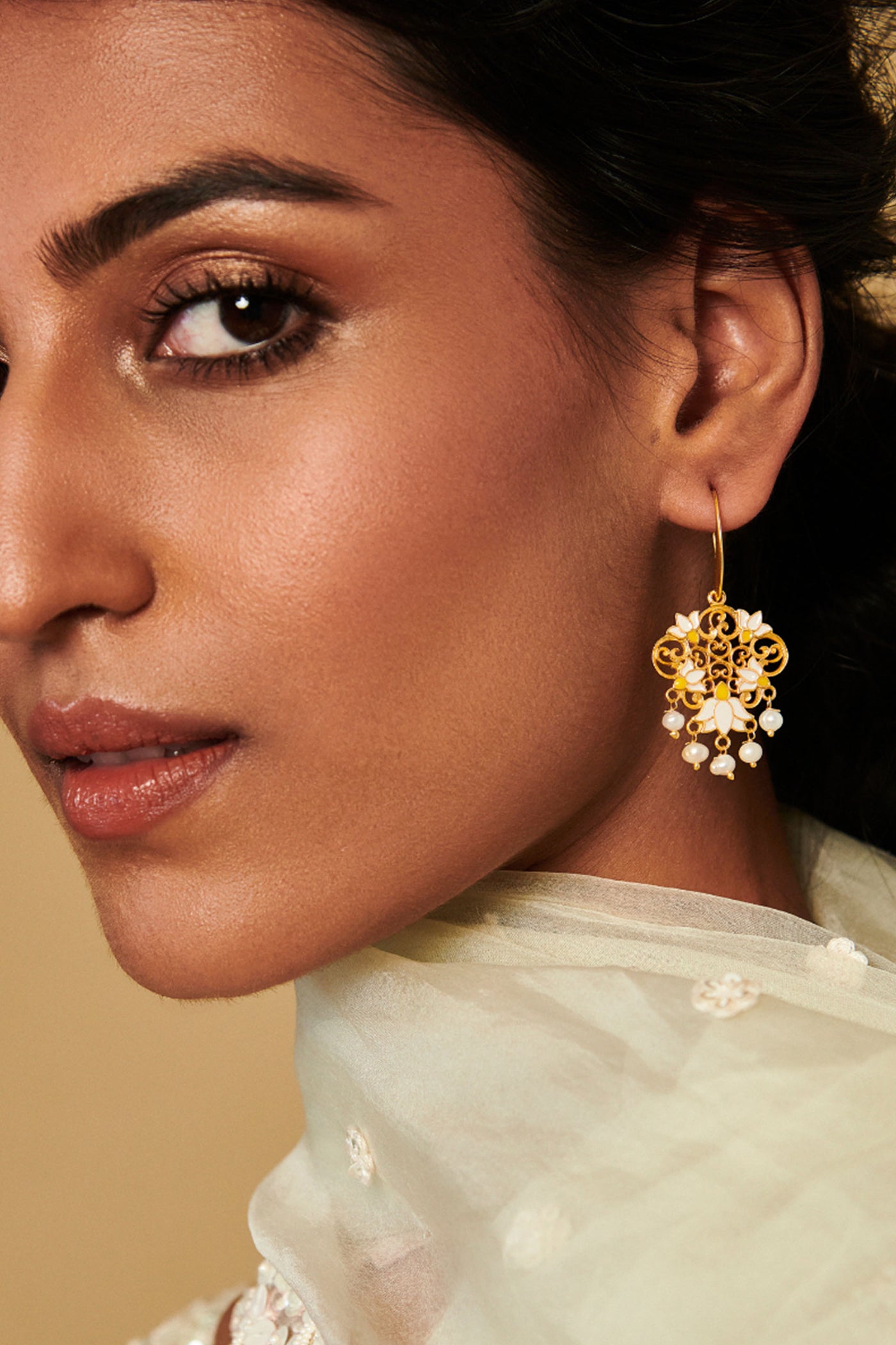 Zariin 22kt Gold Plated In White Enamel Dream Lotus Drop Earrings festive indian designer fashion jewellery online shopping melange singapore