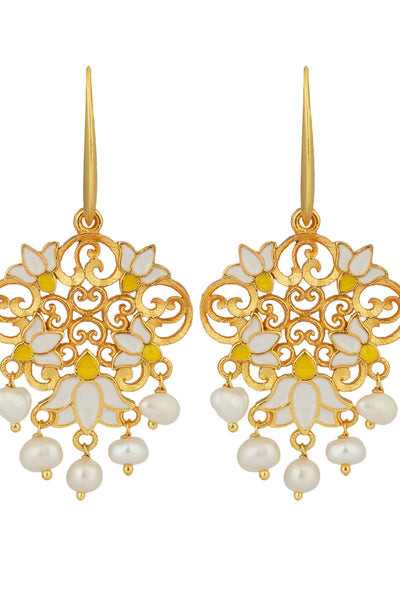 Zariin 22kt Gold Plated In White Enamel Dream Lotus Drop Earrings festive indian designer fashion jewellery online shopping melange singapore